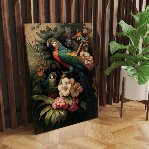 "Parrot with Palm Tree & Flower Canvas Painting" - Image 2