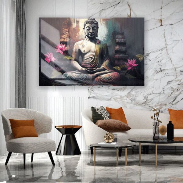 "Buddha Oil Painting Glass Art Wall Decor" - Image 4