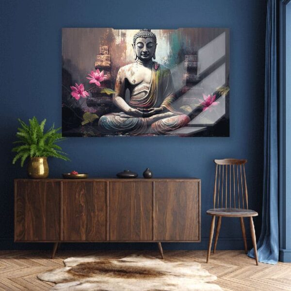 "Buddha Oil Painting Glass Art Wall Decor" - Image 3