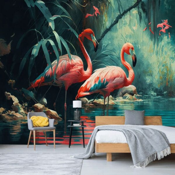 "Flamingos in Water-Rich Forest Wallpaper" - Image 8