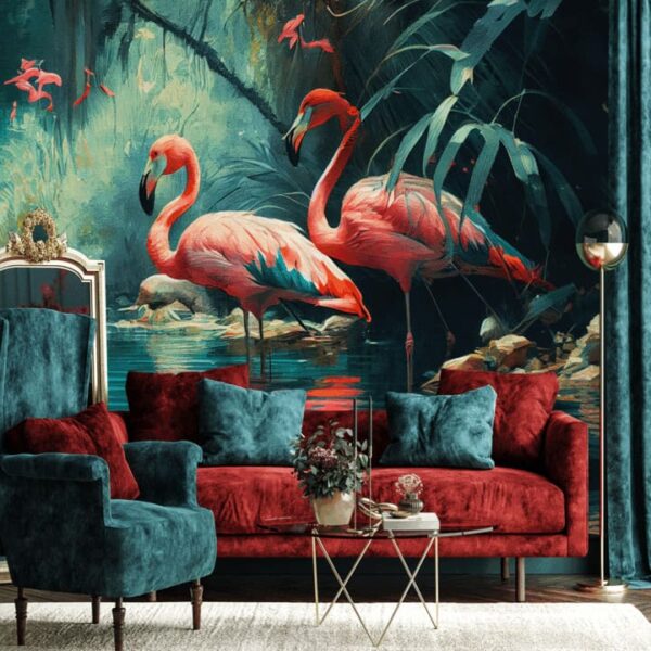 "Flamingos in Water-Rich Forest Wallpaper" - Image 2