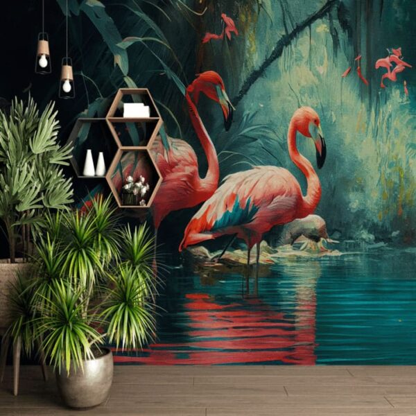 "Flamingos in Water-Rich Forest Wallpaper" - Image 7