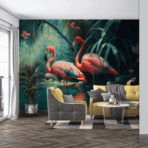 "Flamingos in Water-Rich Forest Wallpaper" - Image 6