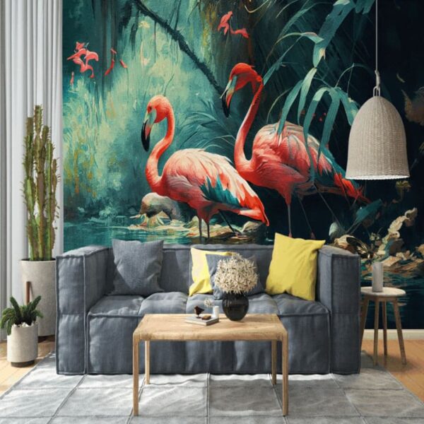 "Two flamingos standing majestically in a water-rich oasis surrounded by a tranquil forest scene wallpaper."