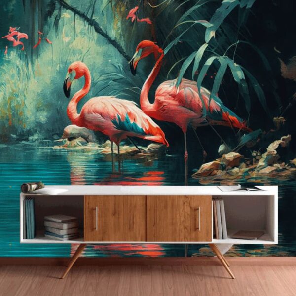 "Flamingos in Water-Rich Forest Wallpaper" - Image 5