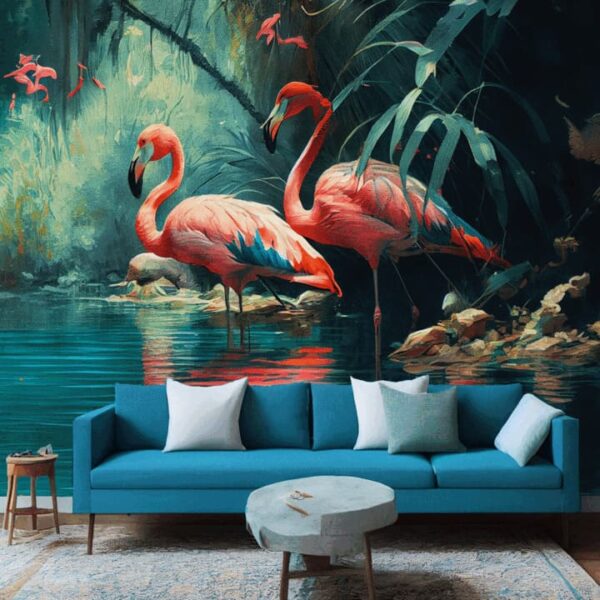 "Flamingos in Water-Rich Forest Wallpaper" - Image 3