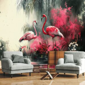 "Sketchy flamingos surrounded by carmine and pink abstract splashes wallpaper."