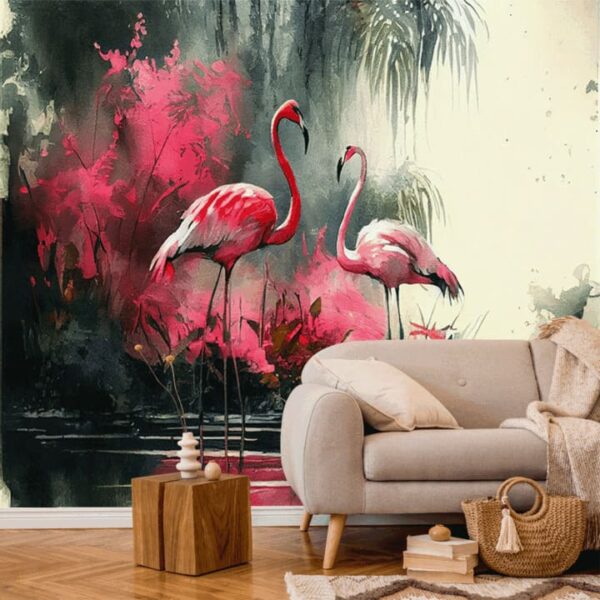 "Abstract Flamingos with Carmine Wallpaper" - Image 3