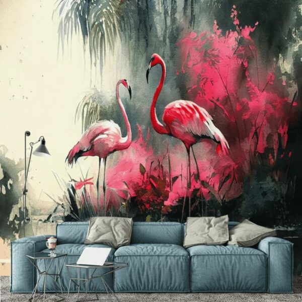 "Abstract Flamingos with Carmine Wallpaper" - Image 2