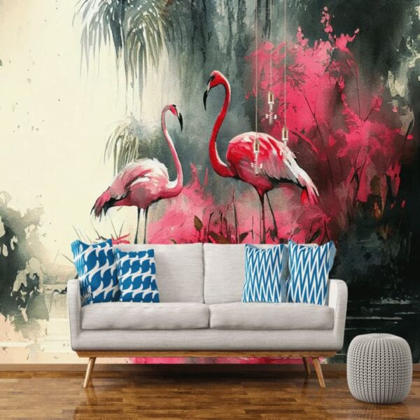 "Abstract Flamingos with Carmine Wallpaper" - Image 6