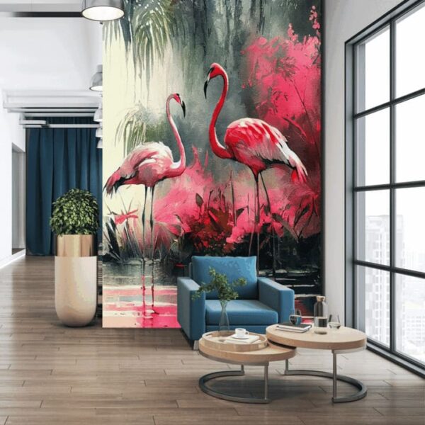 "Abstract Flamingos with Carmine Wallpaper" - Image 5