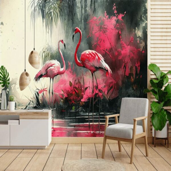 "Abstract Flamingos with Carmine Wallpaper" - Image 4