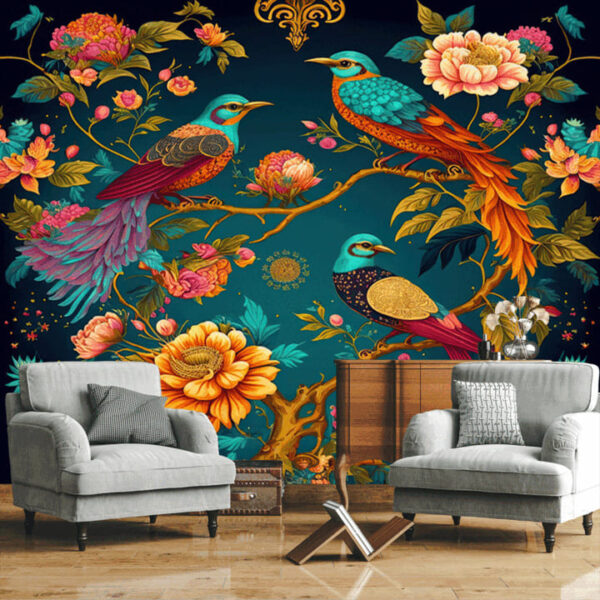 "Exotic oriental pattern wallpaper with vibrant birds and flowers in bright colors."