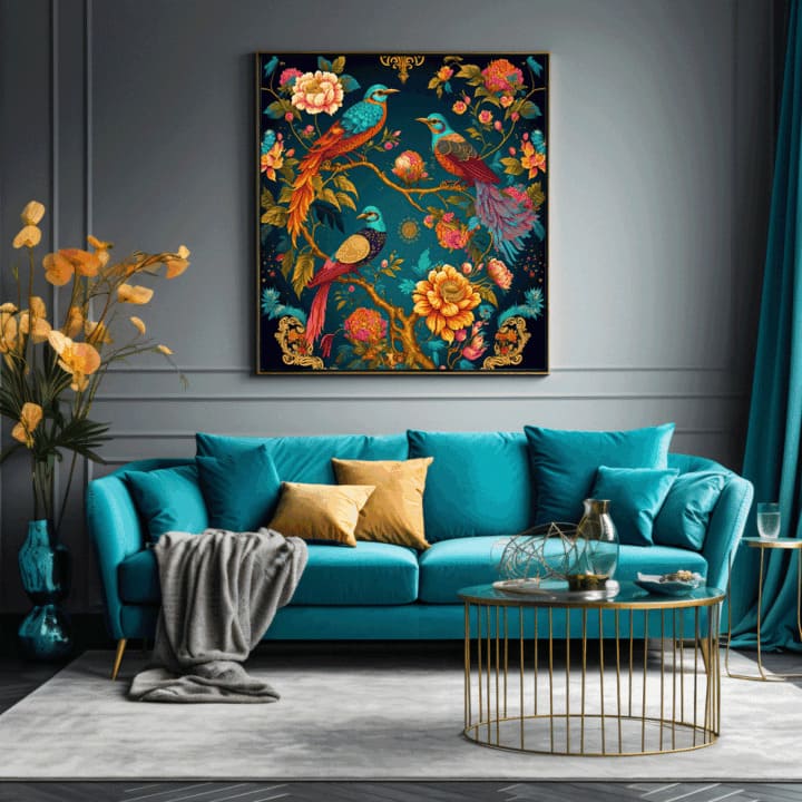 "Exotic oriental canvas art with birds and flowers"