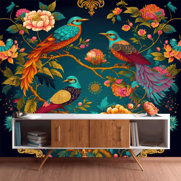 "Bright Oriental Wallpaper with Birds & Flowers" - Image 6