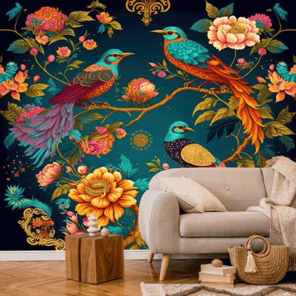 "Bright Oriental Wallpaper with Birds & Flowers" - Image 4