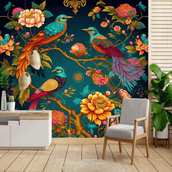 "Bright Oriental Wallpaper with Birds & Flowers" - Image 3