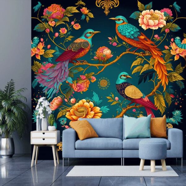 "Bright Oriental Wallpaper with Birds & Flowers" - Image 2