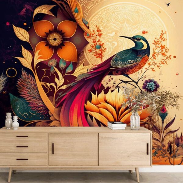 "A vibrant colorful bird with a dynamic multicolored background wallpaper."