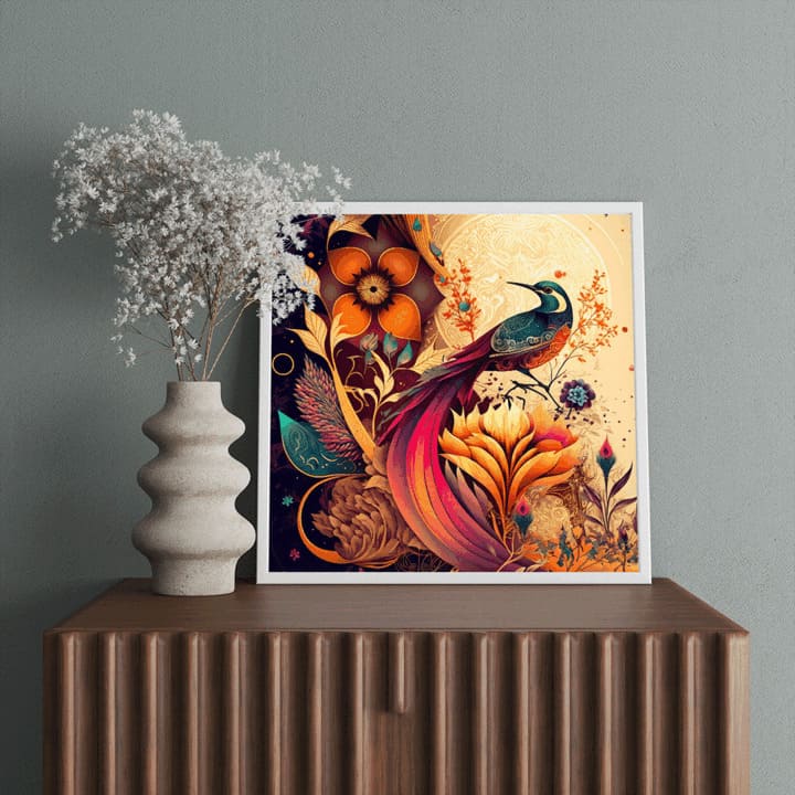 "Bright bird on artistic colorful background wall decor"