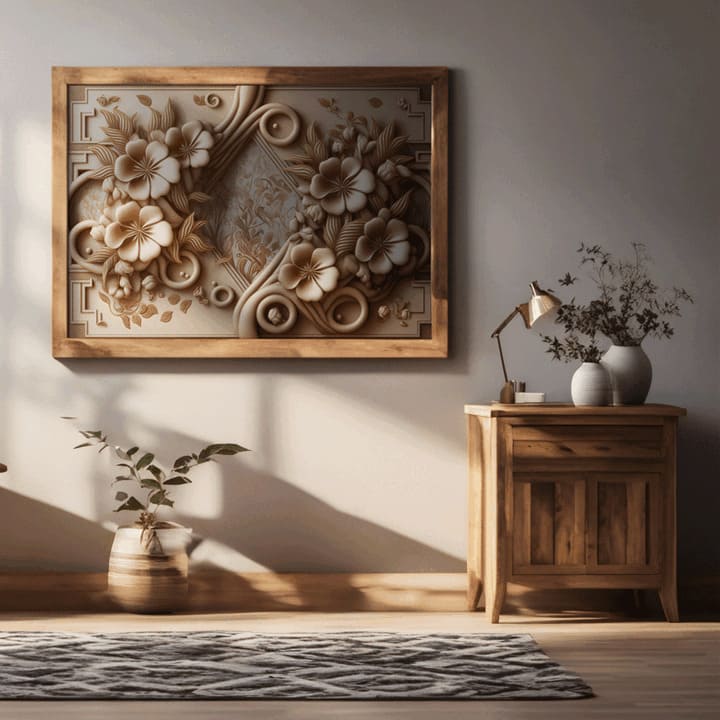 "3D canvas art with beige background and flower embossing"