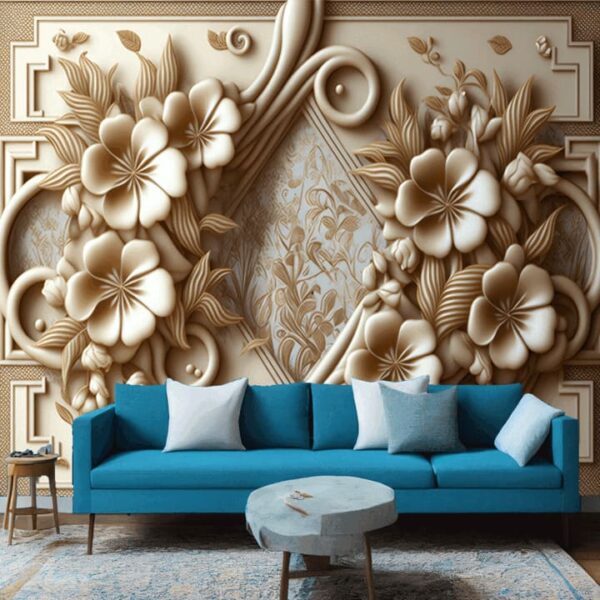 "3D beige wallpaper with elegant flower embossing and a mural design for sophisticated interiors."