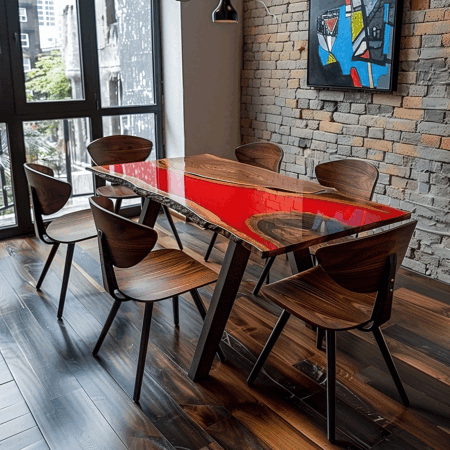 Kitchen Wooden Dining Table with Red Epoxy Resin. Custom Made Table. Epoxy River Table Custom Piece Dinning & Center Epoxy Table