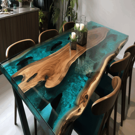 The World’s Coolest Dining Table with Deep See Blue, Beautiful Modern Epoxy Resin Table Dinning & Center Epoxy Table