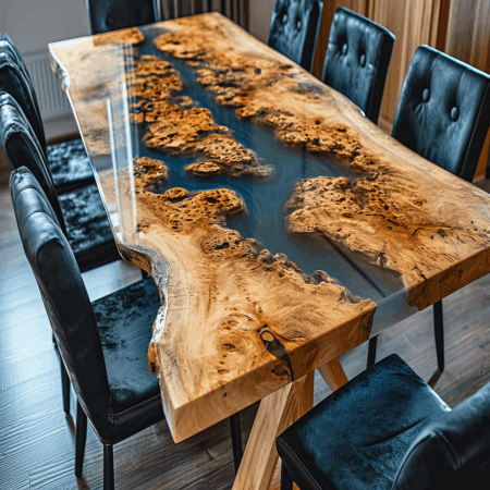 Live Edge Wooden table with Opac Tint Black Epoxy  River Inlay Dinning & Center Epoxy Table
