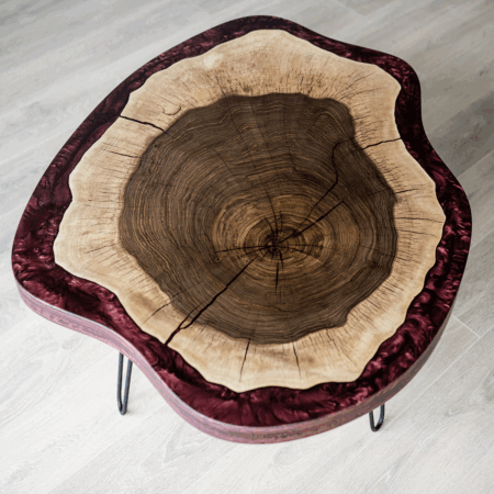 Table Made of Natural Wood and Burgundy Epoxy Resin Dinning & Center Epoxy Table