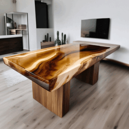 large table made of solid wood with epoxy resin and varnish. Furniture made from solid woods Dinning & Center Epoxy Table