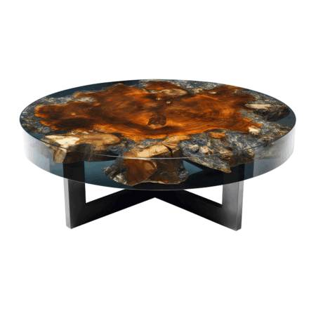 A Glass Epoxy Table with A Black Iron Base on White Background Epoxy Resin Dinning & Center Epoxy Table