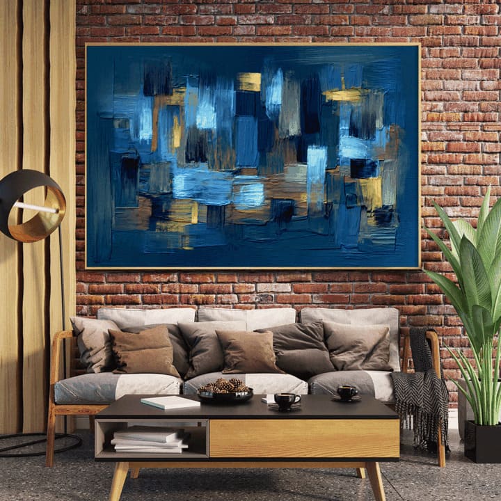 "Modern abstract canvas art with dark blue and yellow accents"