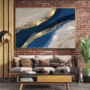 "Elegant blue and gold abstract artwork inspired by the ocean"