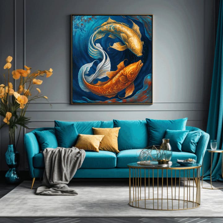 "Golden Koi Fish Canvas Art with colorful background"