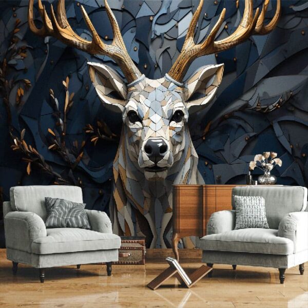 "Geometric stone deer wallpaper with contemporary patterns and a stone-textured deer motif for modern interiors."