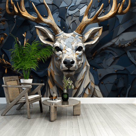 3d modern stereo deer animal with abstract geometric crack stone wallpaper