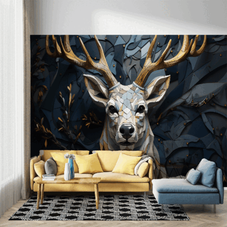 3d modern stereo deer animal with abstract geometric crack stone wallpaper