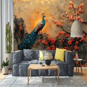 "Vintage peacock gold branch wallpaper featuring intricate designs and rich peacock motifs – perfect for adding a touch of luxury to your space."