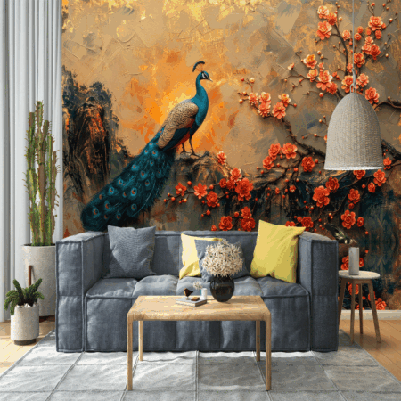 Abstract artistic background. Vintage illustration, floral plants, branches, peacocks, gold. 3D, textured background. Modern Art Wallpaper
