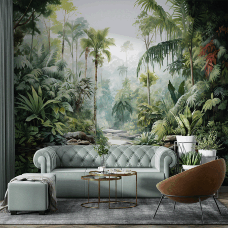 Painting of a tropical jungle scene with a stream and palm trees Wallpaper