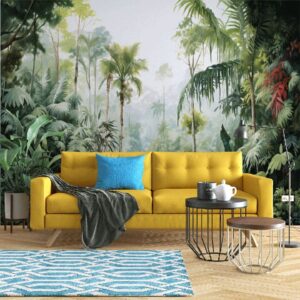 "Tropical jungle wallpaper featuring a serene stream and palm trees, perfect for a nature-inspired décor."