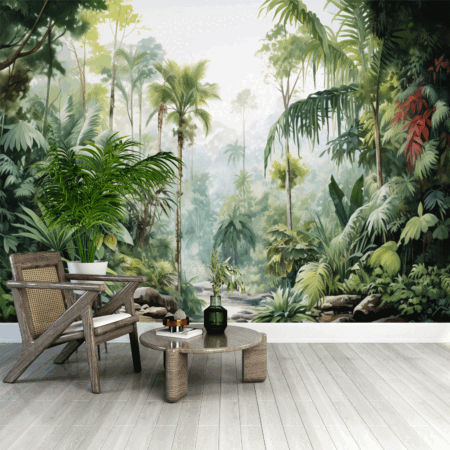 Painting of a tropical jungle scene with a stream and palm trees Wallpaper