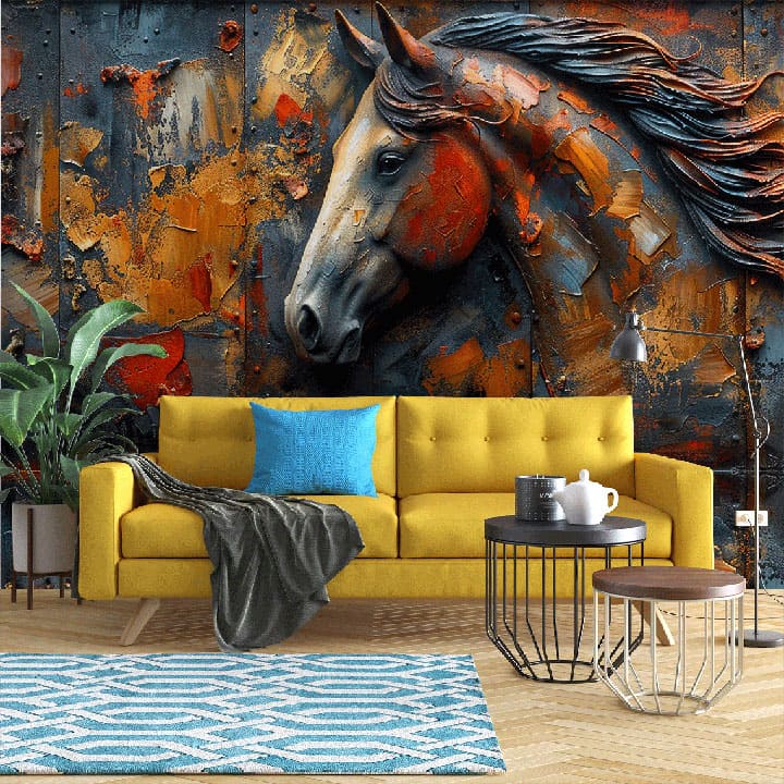 "Abstract wallpaper with metallic texture and horse design"