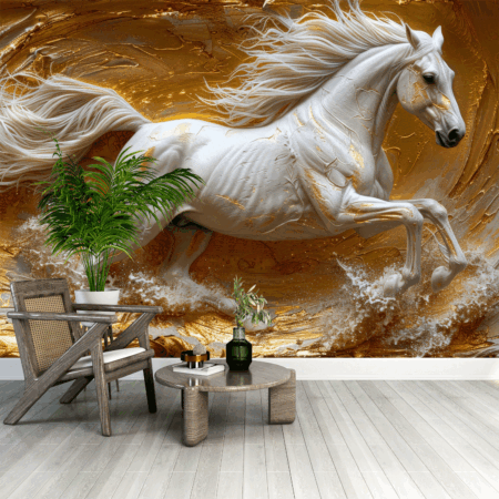 An abstract artistic background with a horse, chinoiserie, and golden brush strokes. Oil on canvas. Modern Art. murals wall art Wallpapers