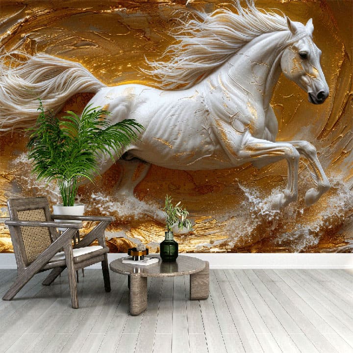 "Abstract artistic wallpaper with horse and chinoiserie design"