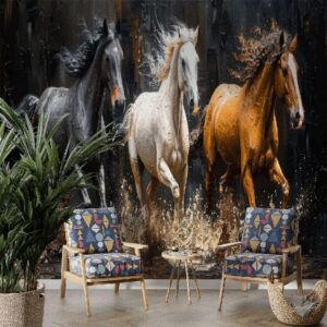 "Textured wallpaper featuring metallic accents and dynamic horses"