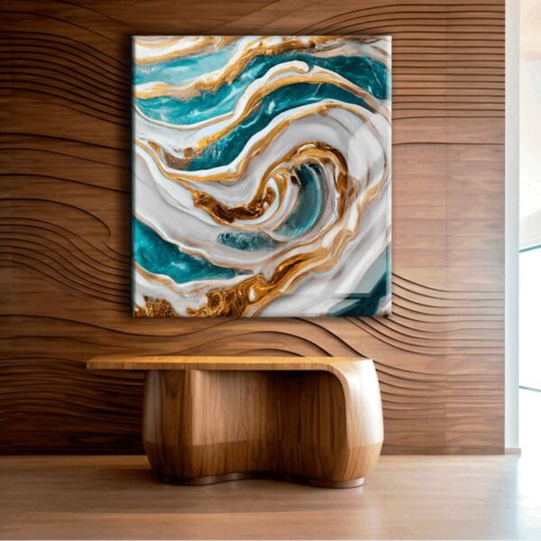 Marble Glass Art with White & Gold Ocean Patterns