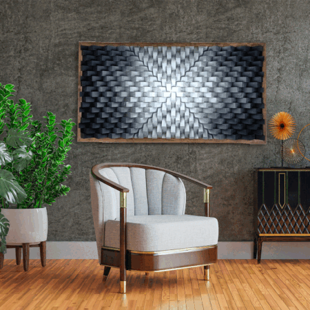Wood Wall Art Large Black Gray White Artwork Parametric Sound Diffuser, wooden sound diffusor, reclaimed wood art