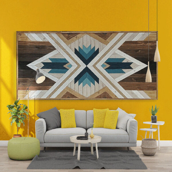 Modern boho wooden art with natural wood finish and patterns.